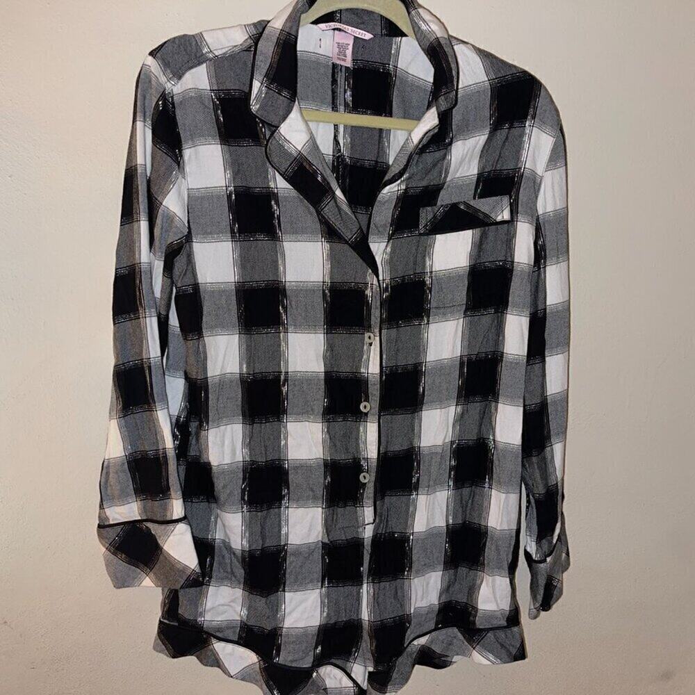 Victoria’s Secret Black Silver Plaid Flannel Pajama Romper Size S